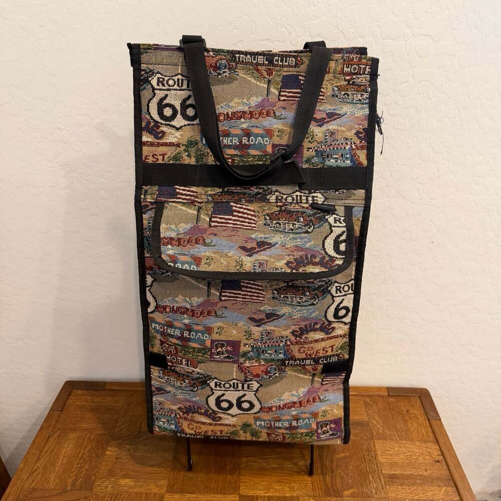 Vintage Bovano USA Route 66 Mother Road Collapsing Rolling Tapestry Trolley Bag